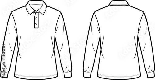 Long sleeve polo shirt technical drawing, front and back view apparel outline, classic menswear garment design, black and white illustration