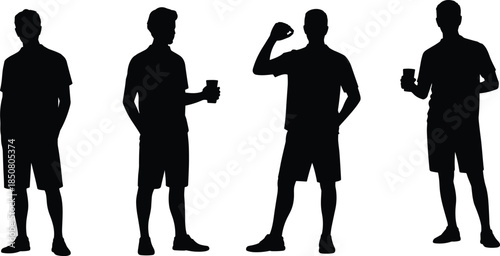 Male people silhouette set illustration standing poses with coffee cups, casual lifestyle characters, black and white vector design