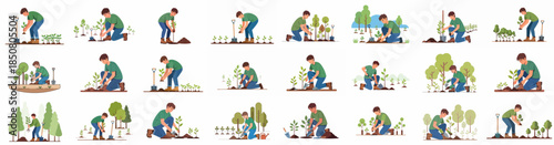 Collection of flat vector illustrations showing a young man planting trees, seedlings, and saplings, promoting gardening, environment care, and reforestation efforts.