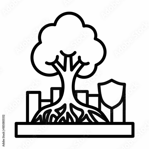 Sustainable city development icon with tree and shield for environmental protection