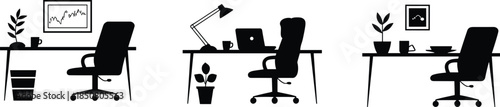 Modern home office workspace silhouette illustration with desk chair laptop plants and accessories, minimalist black and white vector design set