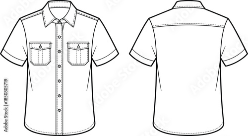 Short sleeve button shirt technical drawing, front and back view apparel outline, casual menswear garment design, black and white illustration