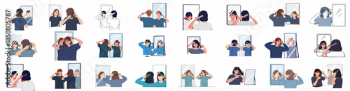 Hair Care Routine Concept Bundle. Young people brushing and combing hair while looking in the mirror. Daily personal grooming flat vector illustrations.