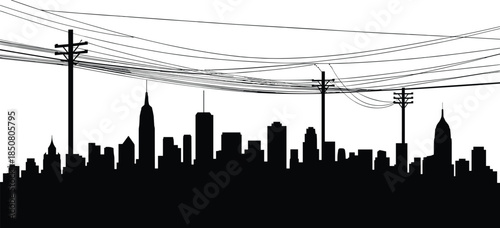 Urban city skyline silhouette with electric power poles and dense overhead cables, modern energy infrastructure concept, black and white vector illustration