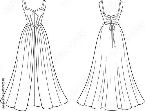 Women corset maxi gown technical fashion sketch front and back view sleeveless long dress flat vector illustration
