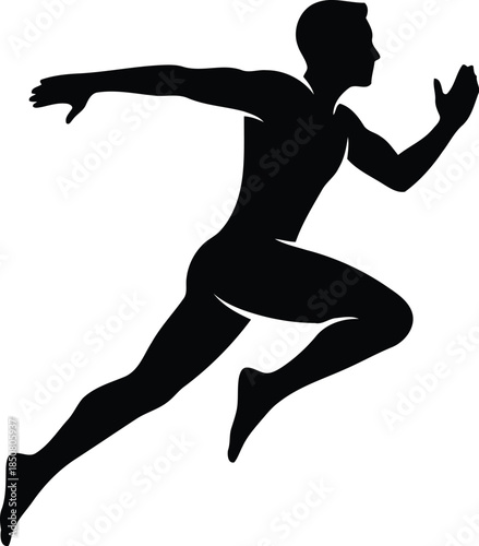 Silhouette of a sprinter running fast, dynamic action pose, isolated on white