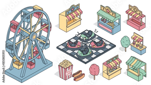 Isometric illustration of a fun fair or amusement park elements including a Ferris wheel, bumper cars, and various food stalls.