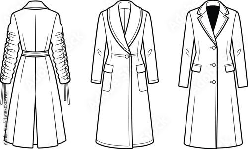 Women long coat technical drawing set, front and back view outerwear designs, elegant fashion apparel outline, black and white illustration