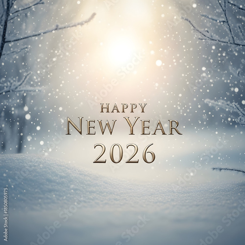 Happy new year 2026 winter background with snow and bright light at dawn or dusk