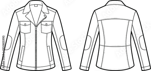 Women fitted jacket technical fashion sketch, front and back view, long sleeve zip jacket flat vector illustration design