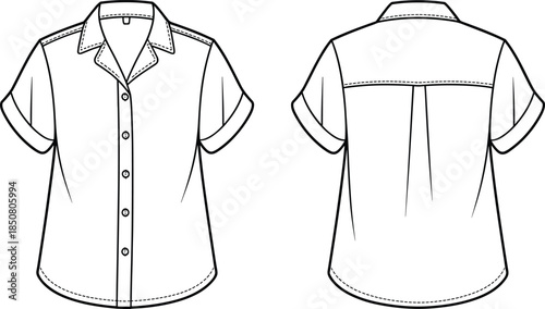 Women short sleeve button shirt technical drawing, front and back view apparel outline, casual feminine blouse design, black and white illustration