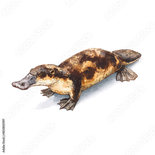 Platypus in detailed isometric watercolor art, isolated on a pure white backdrop.