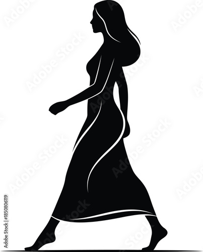 Silhouette of woman in long dress walking elegantly on white background with flowing fabric and graceful movement