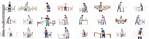 Restaurant Staff Cleaning Tables Set: Waiters and Busboys Sanitizing Surfaces for Health and Hygiene Service.