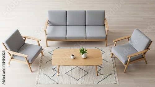 Modern minimalist living room with light wood furniture and neutral rug