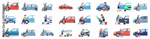Set of vector illustrations depicting various young men manually washing and cleaning their cars with soap, sponge, and bucket, isolated on white.
