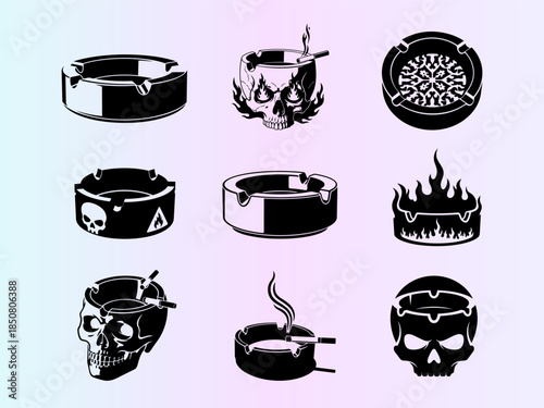 Ashtray Icon Set - Skull, Flame, and Classic Smoking Designs - Vector Graphic Collection