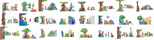 Happy Friends and Kids Playing Hide and Seek Outdoors: Vector Collection of People Counting and Hiding Behind Trees and Bushes in Park.