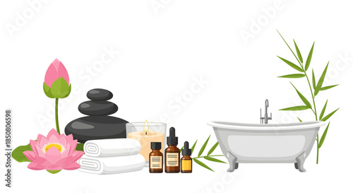 Serene Spa and Wellness Setup with Bathtub, Pink Lotus Flowers, Stacked Stones, Essential Oil Bottles, and Bamboo for Relaxation and Harmony