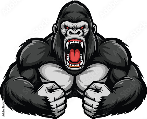 Angry muscular gorilla roaring with clenched fists, cartoon wild animal mascot, aggressive beast character, power symbol, flat vector illustration