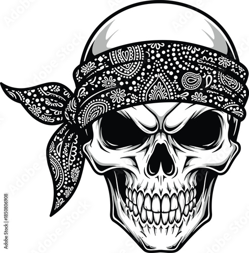 Human skull with paisley bandana, bold graphic style, rebellious theme, pirate fashion concept, intense expression, flat vector illustration