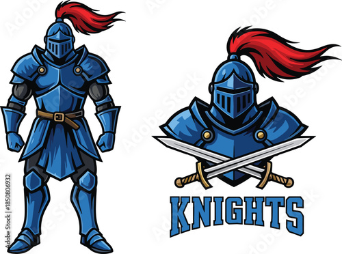 Medieval knight in blue armor with red plume and crossed swords emblem, heroic mascot design, flat vector illustration
