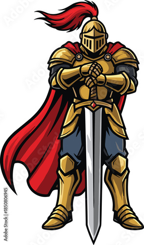 Medieval knight in golden armor with red cape and sword, heroic warrior pose, bold historical style, flat vector illustration