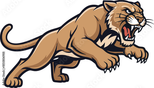 Roaring cougar in pouncing pose, fierce mountain lion attack, wild predator strength, mascot logo concept, bold energy, flat vector illustration
