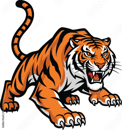 Roaring tiger in crouched aggressive stance, fierce jungle predator, mascot logo concept, strength and dominance symbol, flat vector illustration