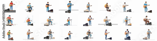 Street musician buskers playing acoustic guitars vector illustration set, showing various performers and open cases for tips and donations.