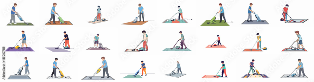 Fototapeta premium Diverse illustrations of people vacuuming rugs with various types of vacuum cleaners, representing household chores and cleaning activities.