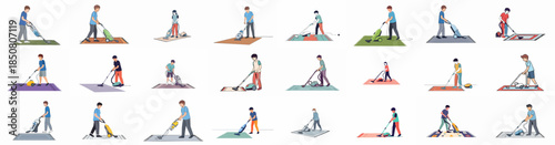 Diverse illustrations of people vacuuming rugs with various types of vacuum cleaners, representing household chores and cleaning activities.