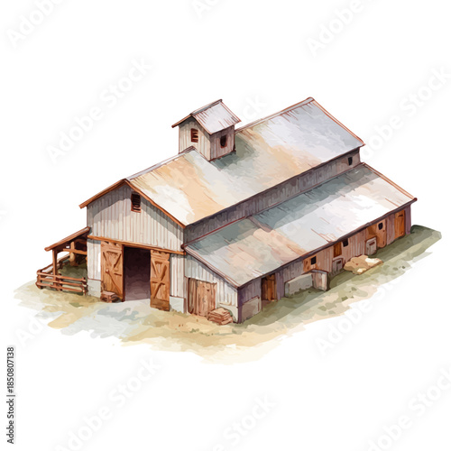 Isometric watercolor rendering of Livestock Barn, isolated on a clean white background.