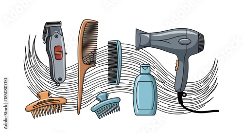 Detailed illustration of essential hair care and styling tools, featuring a professional clipper, various combs, brushes, a hairdryer, and a hair product bottle, for beauty and grooming