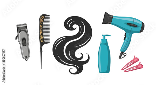 Hair Styling Tools and Products Set with Hair Strand Illustration, Beauty Salon Equipment, Flat Lay View, Digital Graphic Design Concept