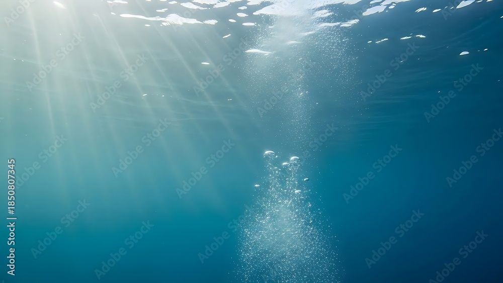 Fototapeta premium Sunlight pierces through the tranquil blue ocean surface, illuminating a steady stream of rising effervescent bubbles in the clear, deep underwater environment