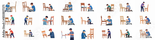 Collection of illustrations showing young men assembling, repairing, and fixing wooden chairs using tools, representing furniture maintenance and DIY projects.