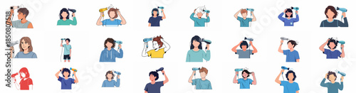 A large set of diverse individuals using blow dryers for hair care and styling, illustrating daily routine and personal grooming.