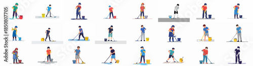 Collection of 21 flat vector illustrations depicting diverse individuals performing cleaning duties, janitorial work, and floor mopping with buckets and tools.