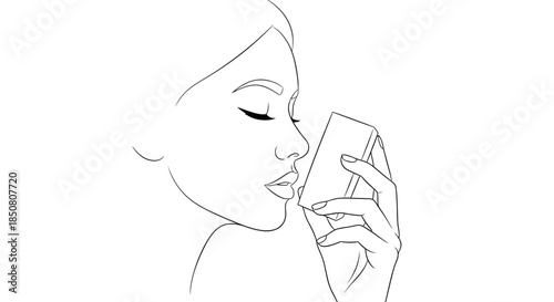 Profile view of woman using inhaler for asthma relief in minimalistic line art style illustration