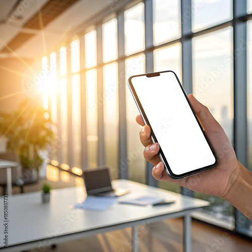 Hand Holding Smartphone with Blank Screen in Modern Office