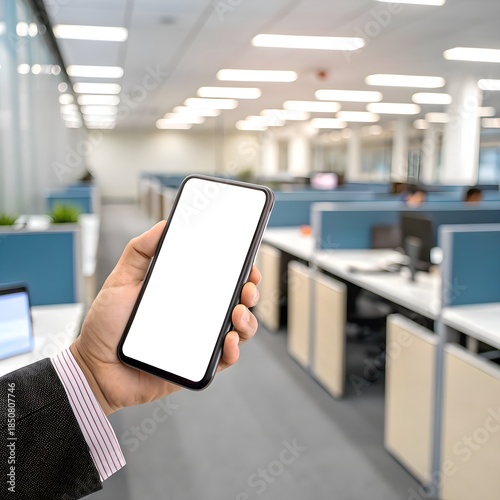 Hand Holding Smartphone with Blank Screen in Modern Office