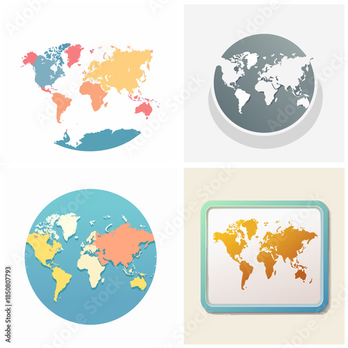 World map illustrations colorful circular and rectangular representations of continents for design and data visualizations