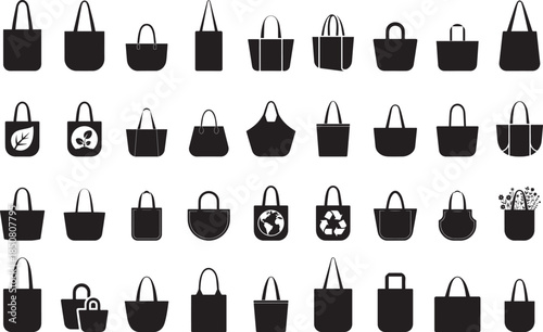 Tote bag black silhouette vector icon set for fashion style and business related design elements