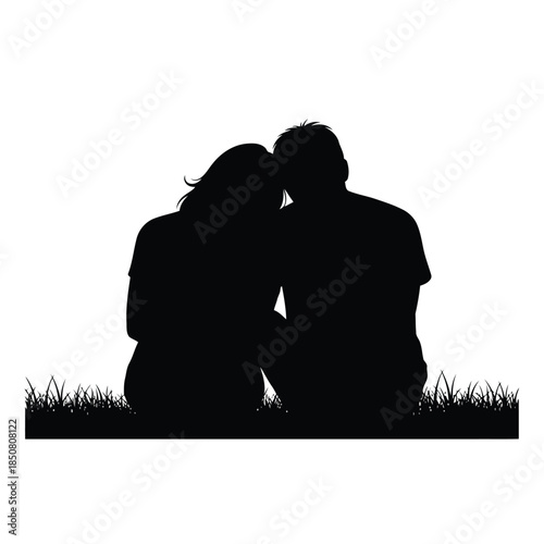 A loving couple silhouette sitting together on grass, head resting on shoulder, sharing an intimate moment