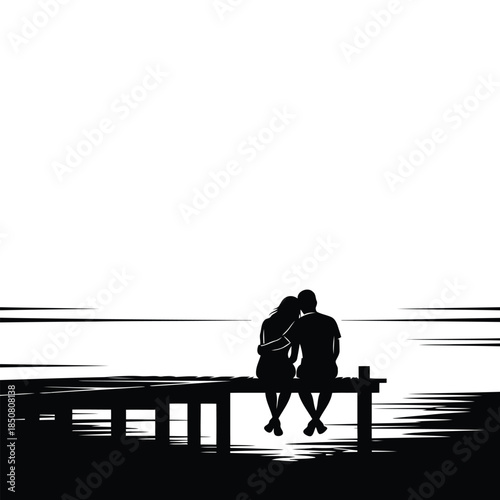 A tender silhouette of a couple sitting on a pier, embracing under a vast sky
