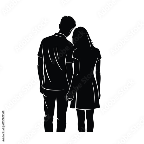 Romantic silhouette of a couple standing together holding hands, a symbol of love