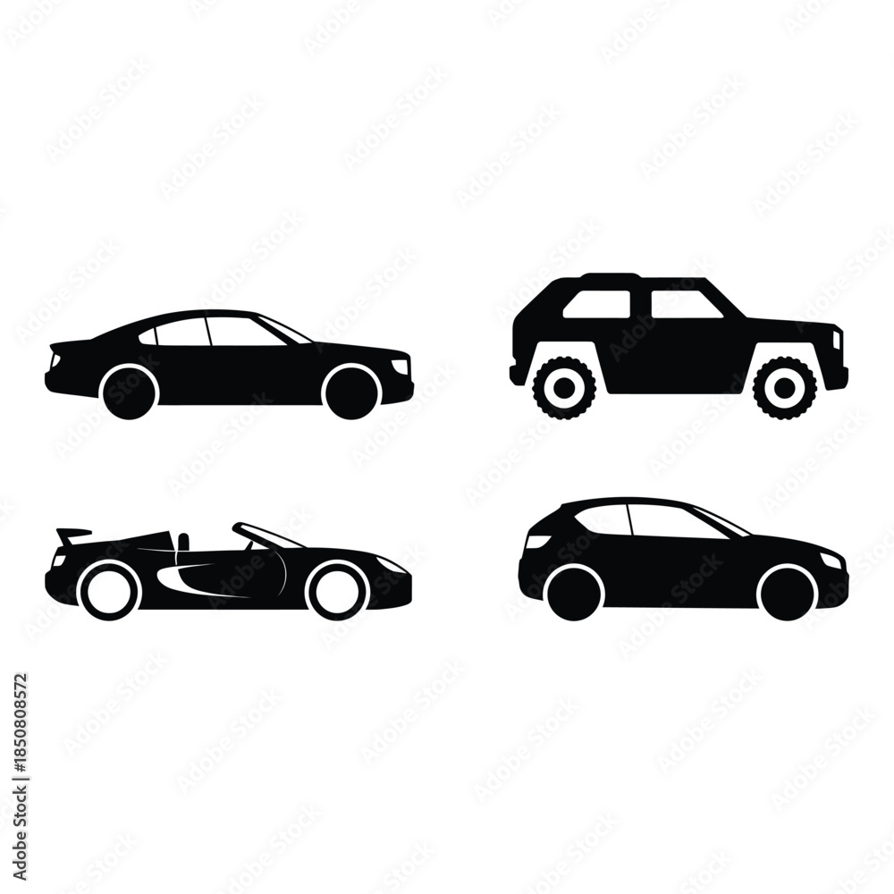 Fototapeta premium Collection of different types of cars silhouette Vector illustration
