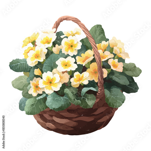 Isometric watercolor rendering of Primrose Basket, isolated on a clean white background.