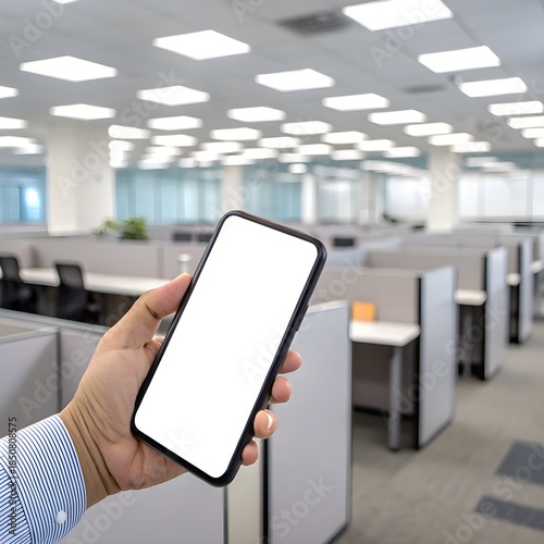 Hand Holding Smartphone with Blank Screen in Modern Office